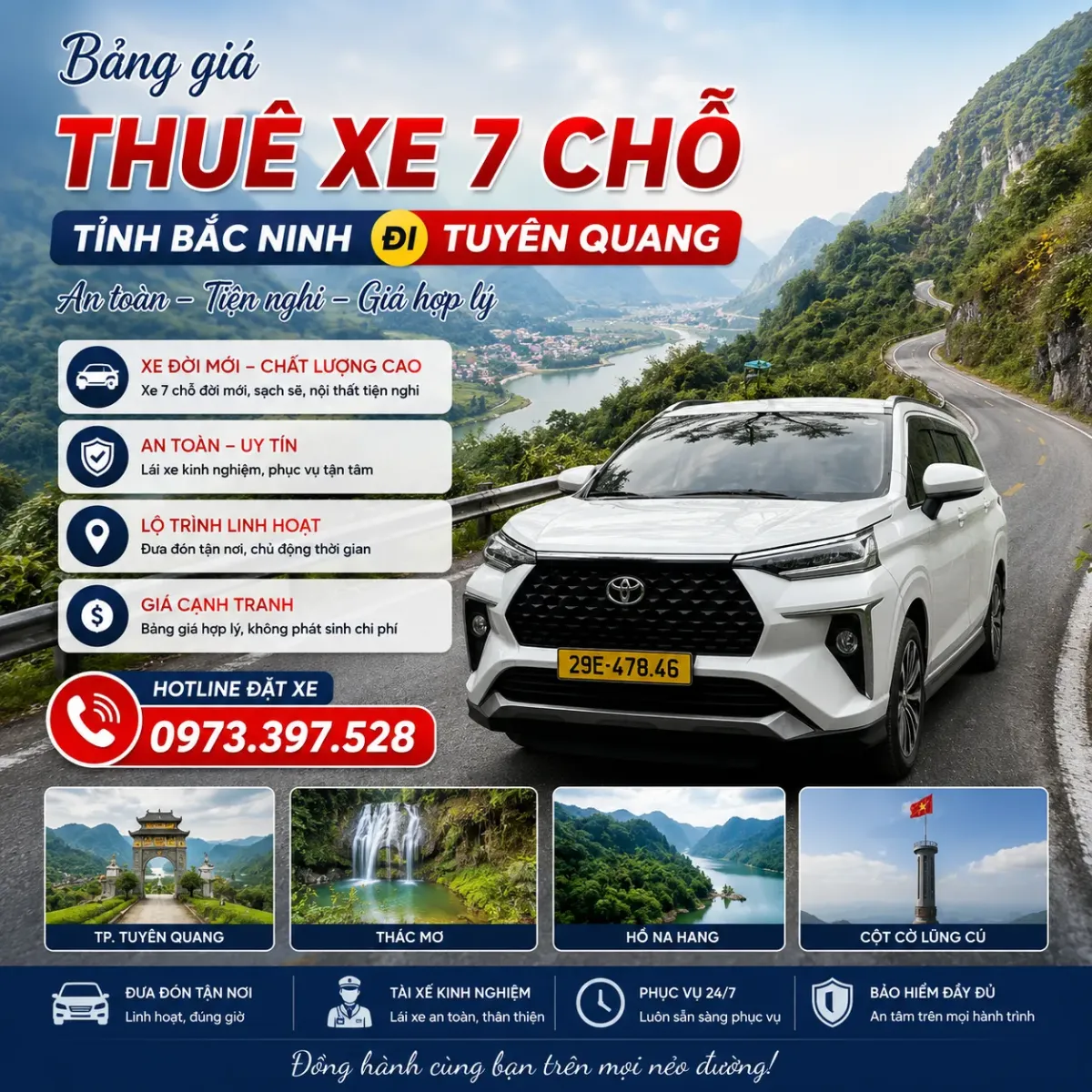 Bảng giá thuê xe 7 chỗ tỉnh Bắc Ninh đi Tuyên Quang