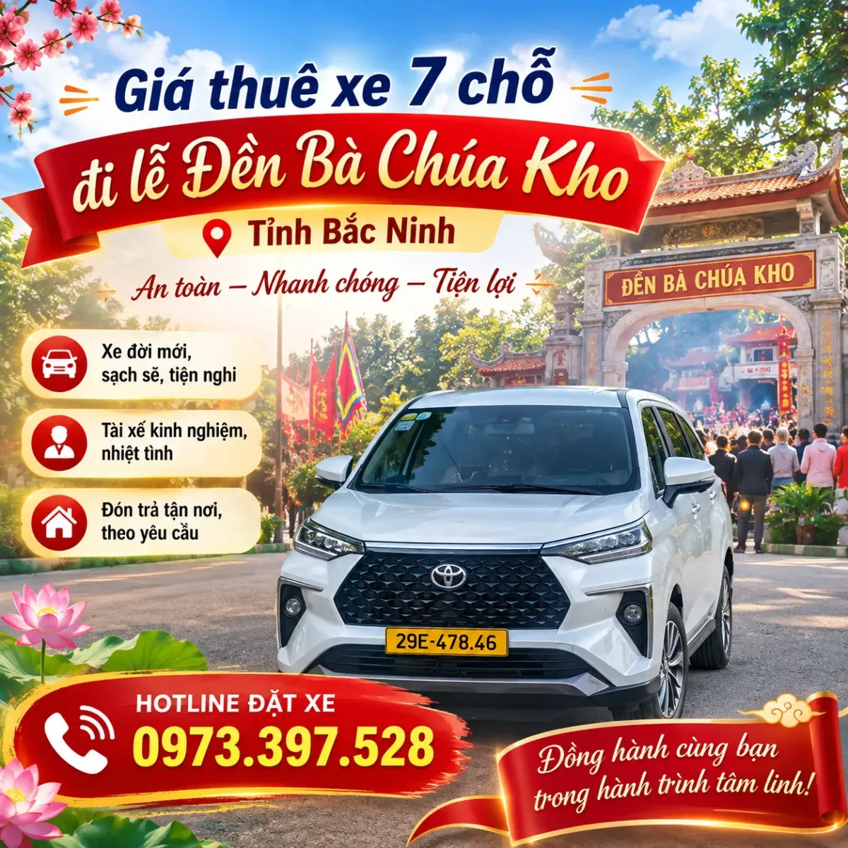 Giá thuê xe 7 chỗ đi lễ Đền Bà Chúa Kho, tỉnh Bắc Ninh