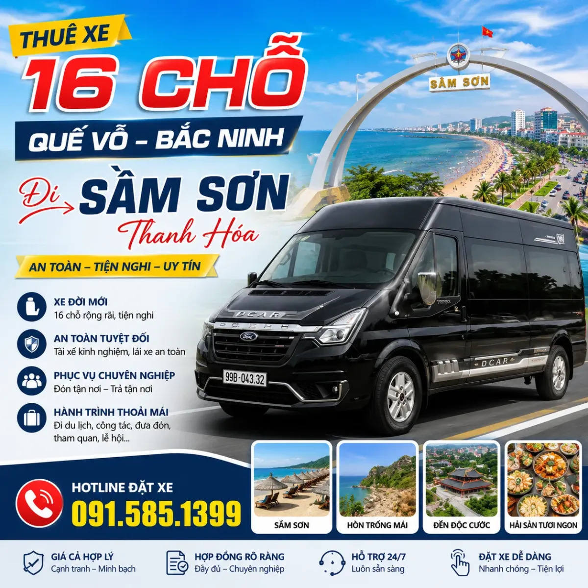 Thuê xe 16 chỗ Quế Võ Bắc Ninh đi Sầm Sơn Thanh Hóa
