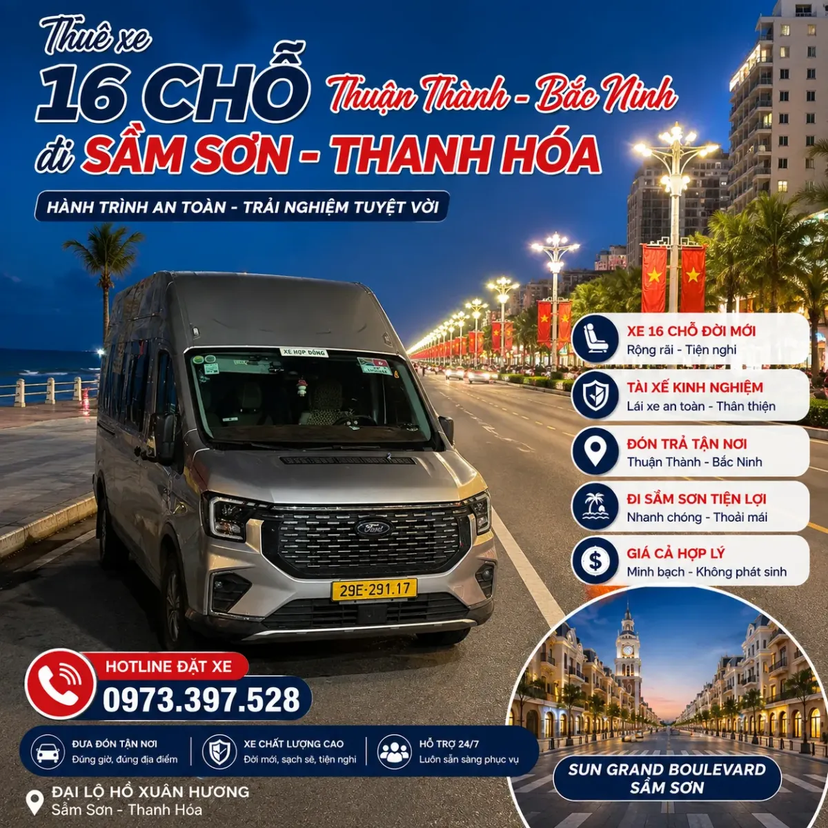 Thuê xe 16 chỗ Thuận Thành Bắc Ninh đi Sầm Sơn Thanh Hóa
