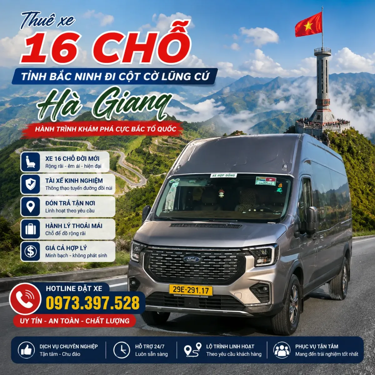 Thuê xe 16 chỗ tỉnh Bắc Ninh đi cột cờ Lũng Cú, Hà Giang