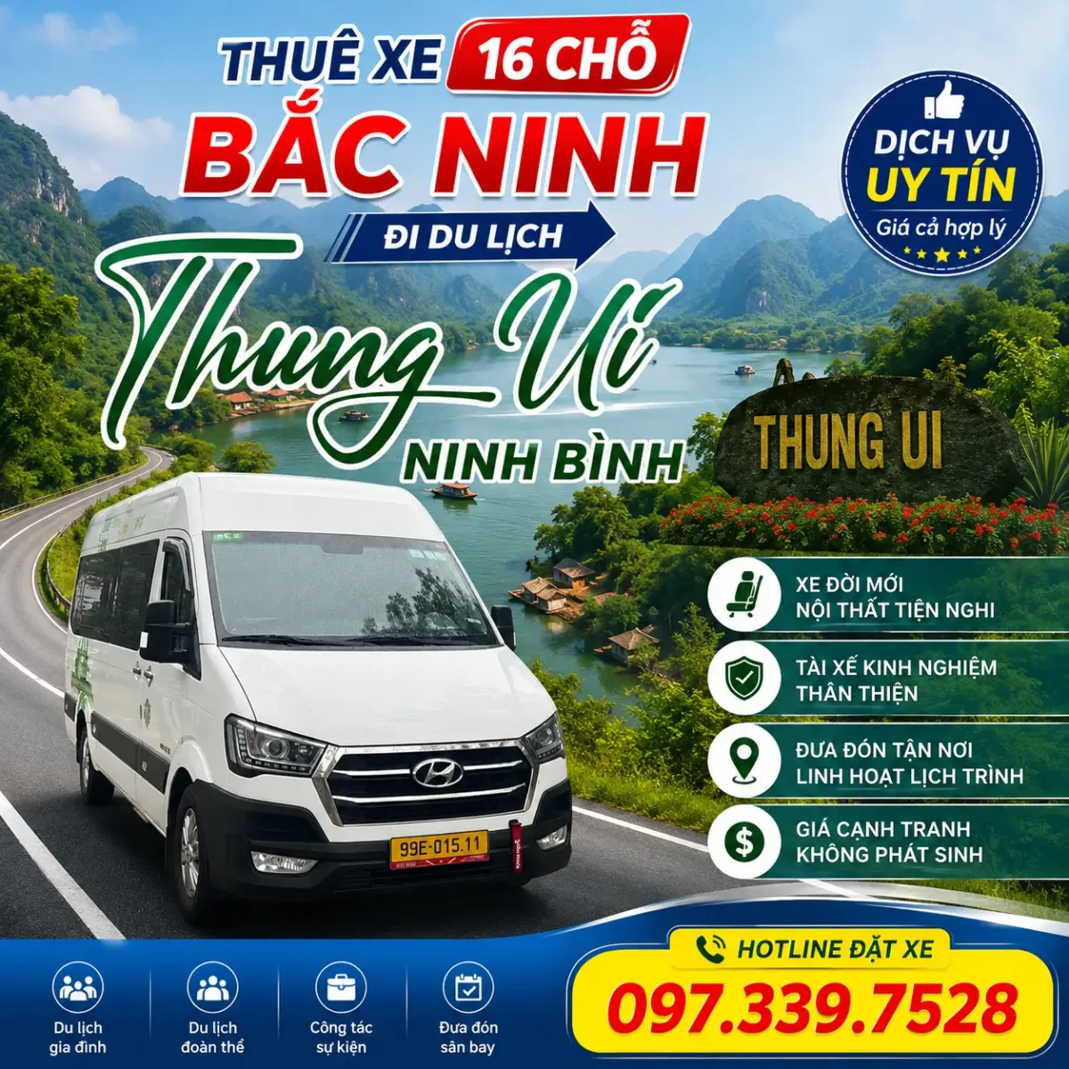 Thuê xe 16 chỗ Bắc Ninh đi du lịch Thung Ui, Ninh Bình