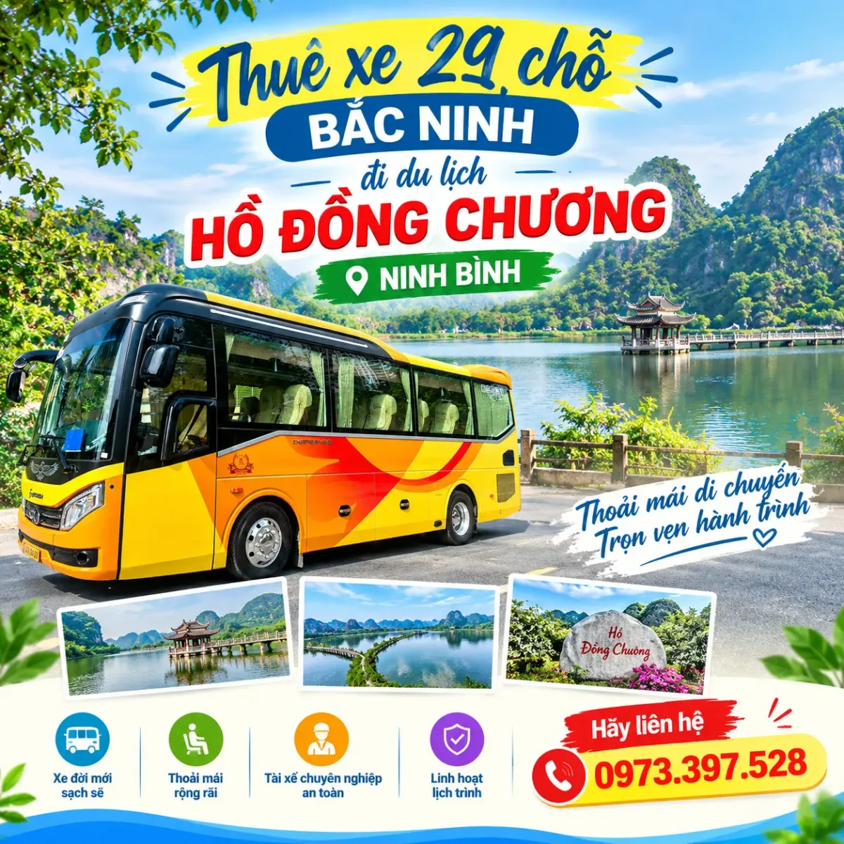 Thuê xe 29 chỗ Bắc Ninh đi du lịch Hồ Đồng Chương Ninh Bình