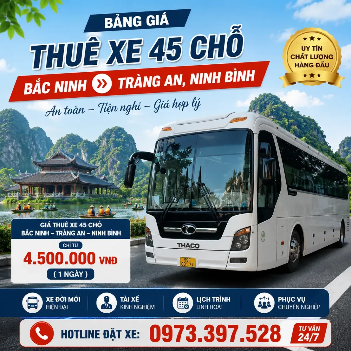 Bảng giá thuê xe 45 chỗ Bắc Ninh đi Tràng An, Ninh Bình