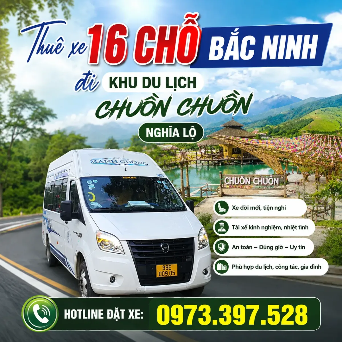 Thuê xe 16 chỗ Bắc Ninh đi khu du lịch Chuồn Chuồn Nghĩa Lộ
