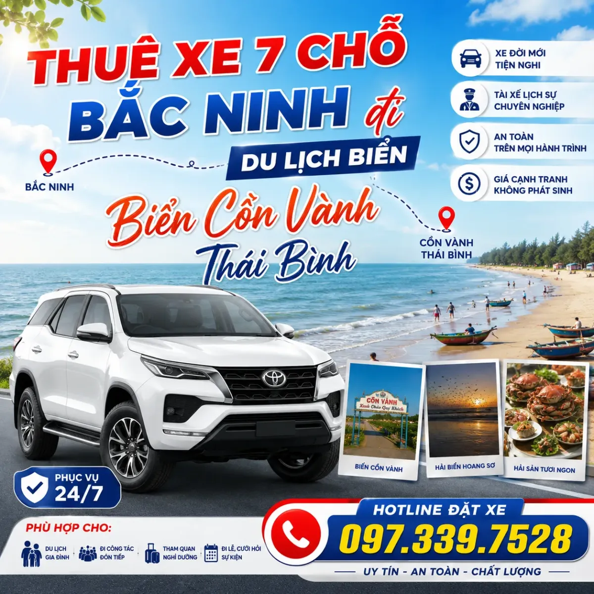Thuê xe 7 chỗ Bắc Ninh đi du lịch biển Cồn Vành Thái Bình